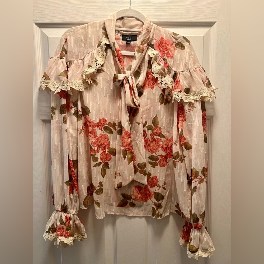 Vici - cream somewhat sheer floral blouse with shimmery thread